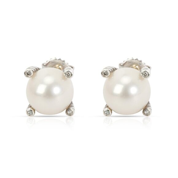 David Yurman Pearl & Diamond Stud Earring in Sterling Silver 0.04 CTW - Picture 1 of 3